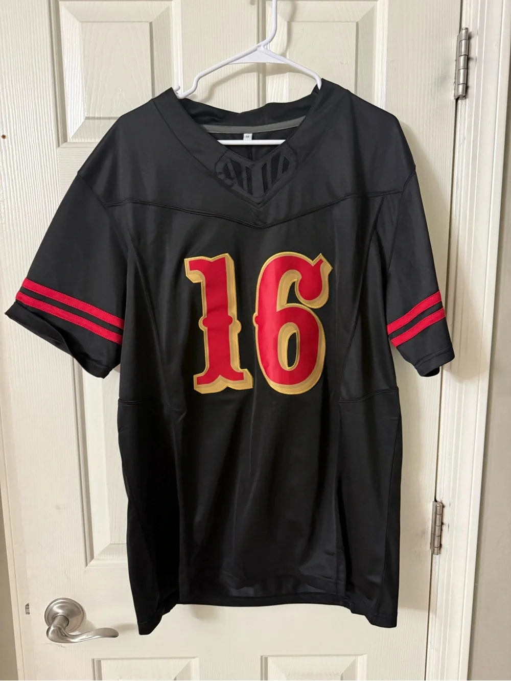 49er Great #16 Joe Montana! Black Athletic Football Jersey with Red & Gold M